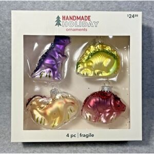 Christmas Dinosaur Blown Glass Ornaments 4pc Handmade Metallic Glitter‎ Holiday
